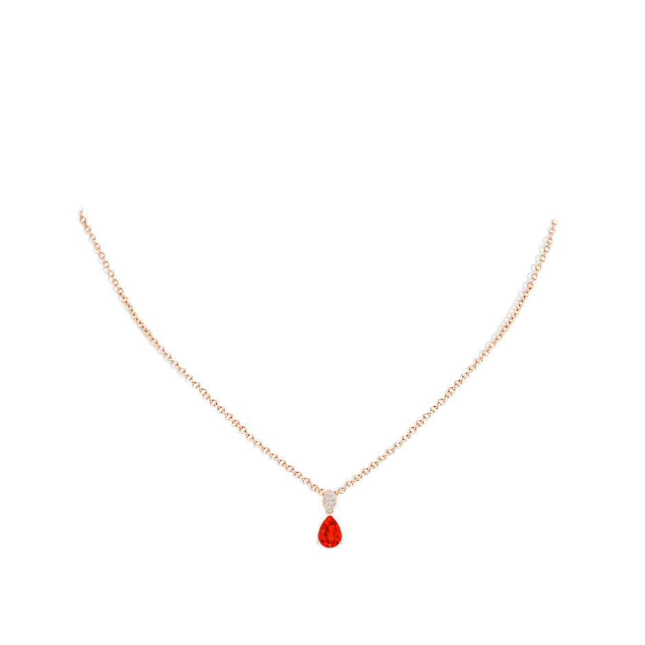 7x5mm AAAA Pear-Shaped Fire Opal Pendant with Leaf Bale in Rose Gold pen