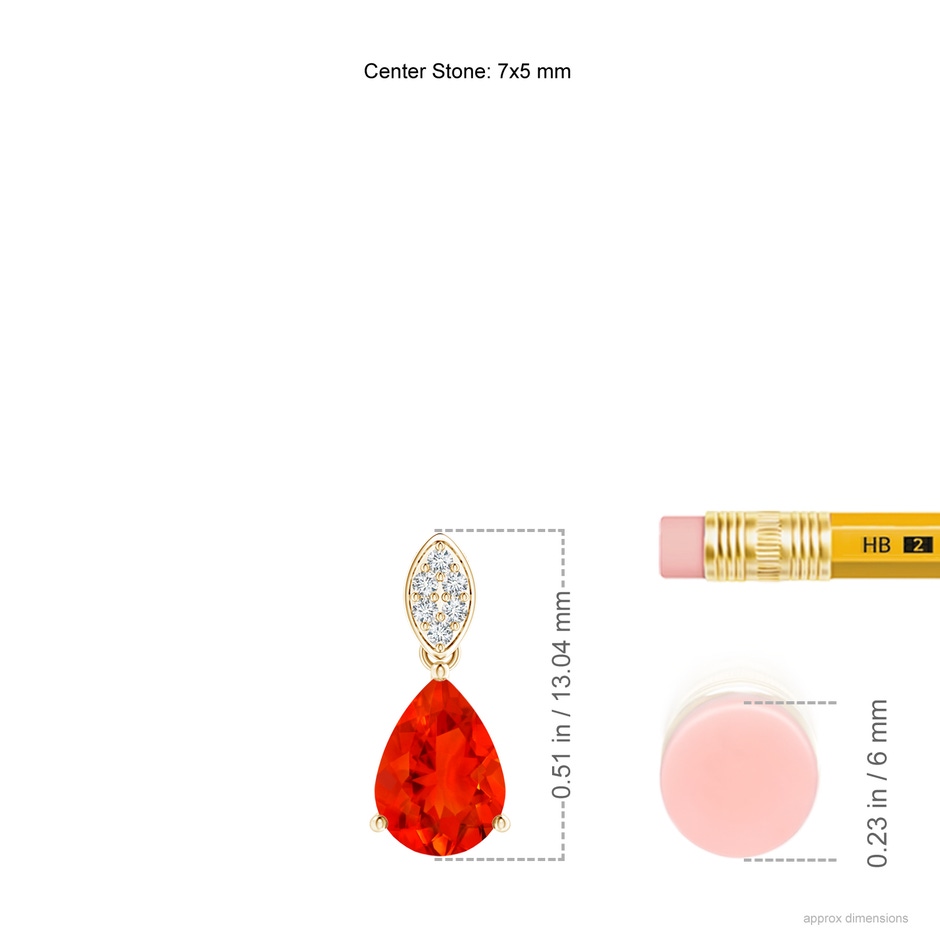 7x5mm AAAA Pear-Shaped Fire Opal Pendant with Leaf Bale in Yellow Gold ruler