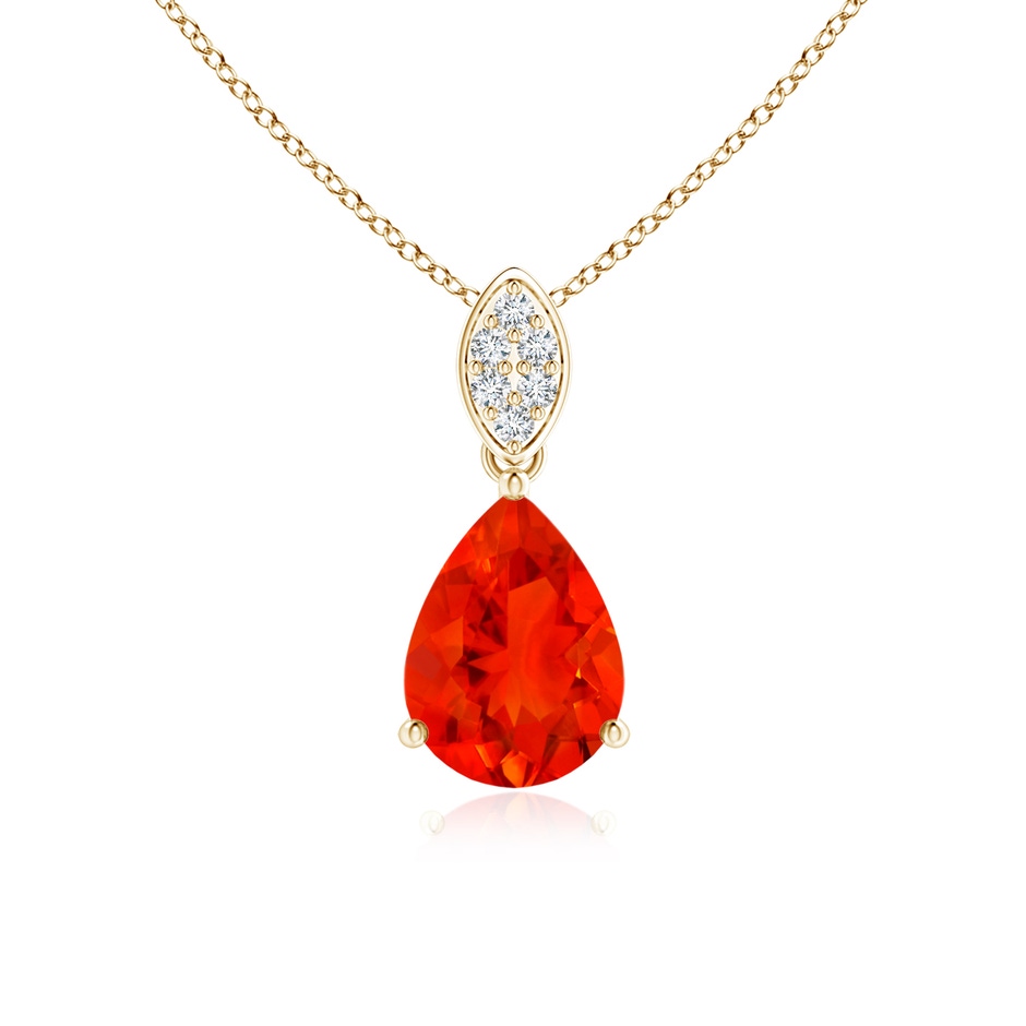 8x6mm AAAA Pear-Shaped Fire Opal Pendant with Leaf Bale in Yellow Gold 