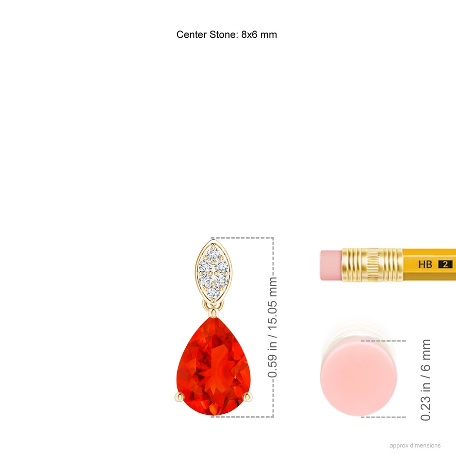 8x6mm AAAA Pear-Shaped Fire Opal Pendant with Leaf Bale in Yellow Gold ruler
