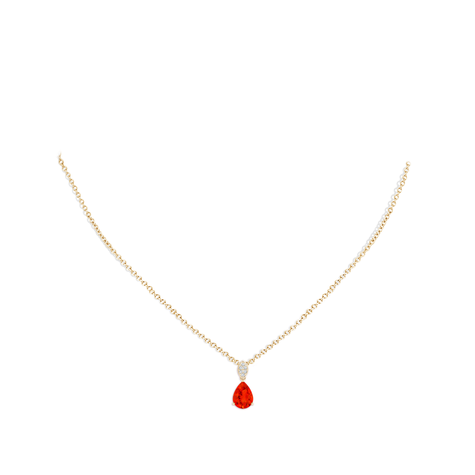 8x6mm AAAA Pear-Shaped Fire Opal Pendant with Leaf Bale in Yellow Gold pen