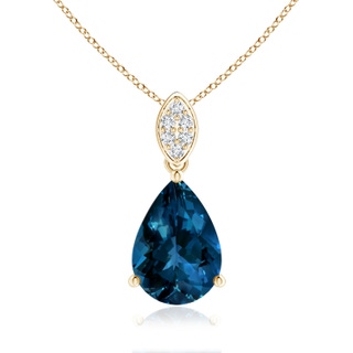 10x7mm AAAA Pear-Shaped London Blue Topaz Pendant with Leaf Bale in Yellow Gold