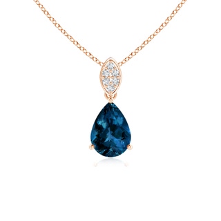 7x5mm AAAA Pear-Shaped London Blue Topaz Pendant with Leaf Bale in 9K Rose Gold