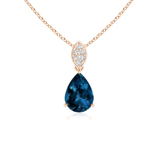 7x5mm AAAA Pear-Shaped London Blue Topaz Pendant with Leaf Bale in Rose Gold