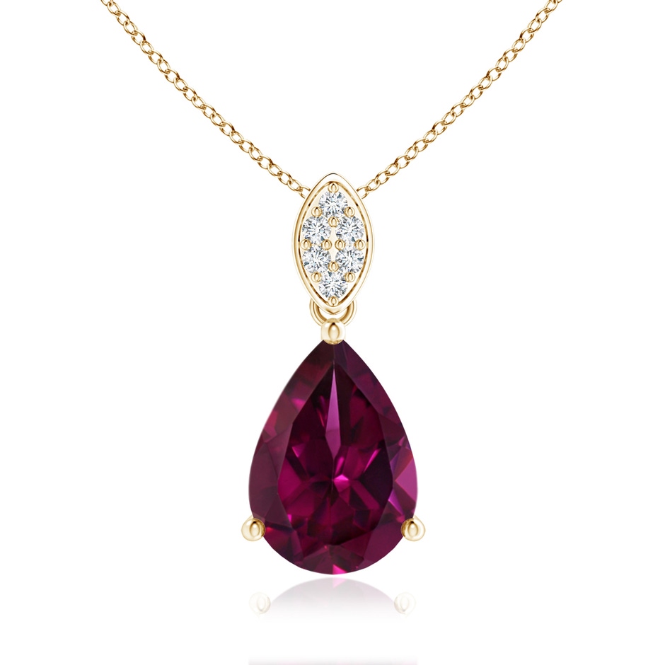 10x7mm AAAA Pear-Shaped Rhodolite Pendant with Leaf Bale in Yellow Gold 