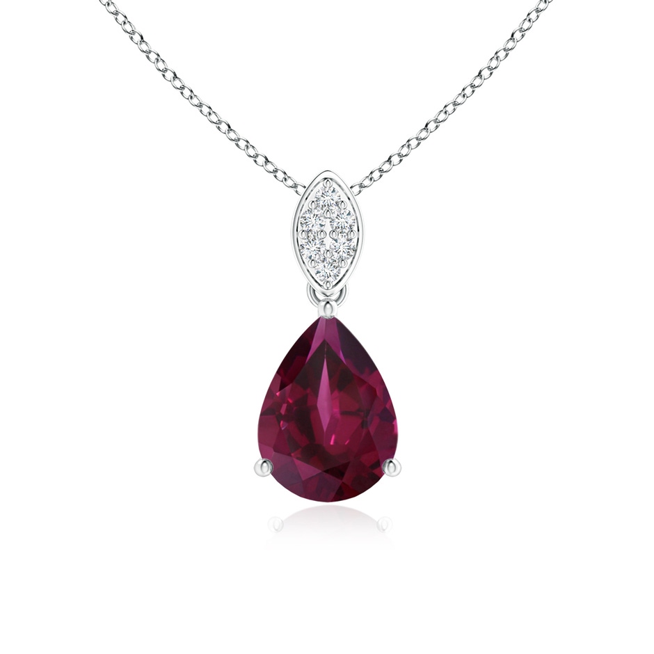 8x6mm AAA Pear-Shaped Rhodolite Pendant with Leaf Bale in White Gold 