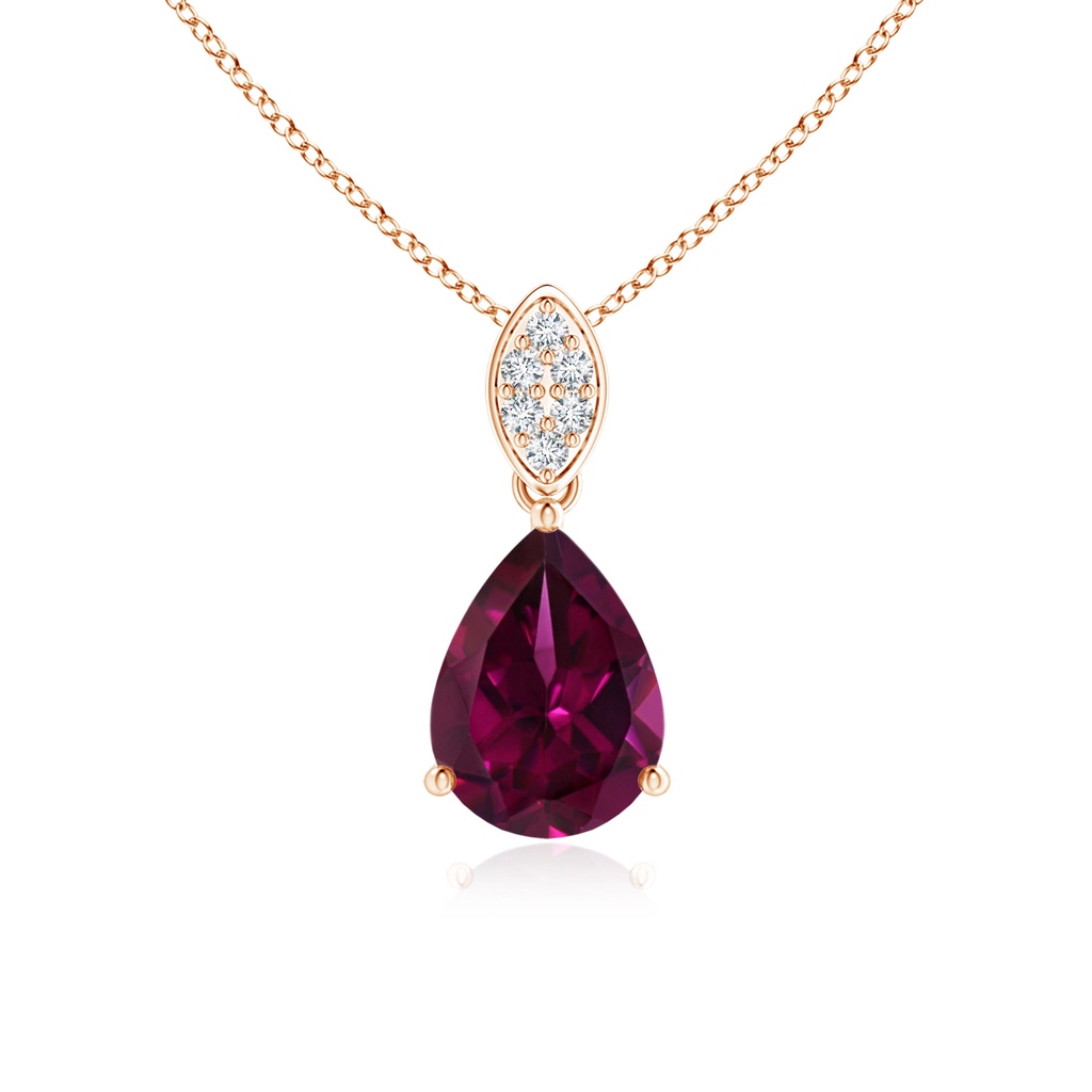 8x6mm AAAA Pear-Shaped Rhodolite Pendant with Leaf Bale in Rose Gold