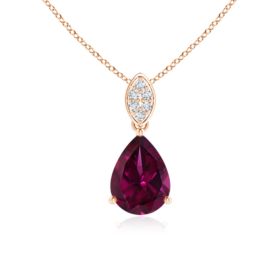 8x6mm AAAA Pear-Shaped Rhodolite Pendant with Leaf Bale in Rose Gold 