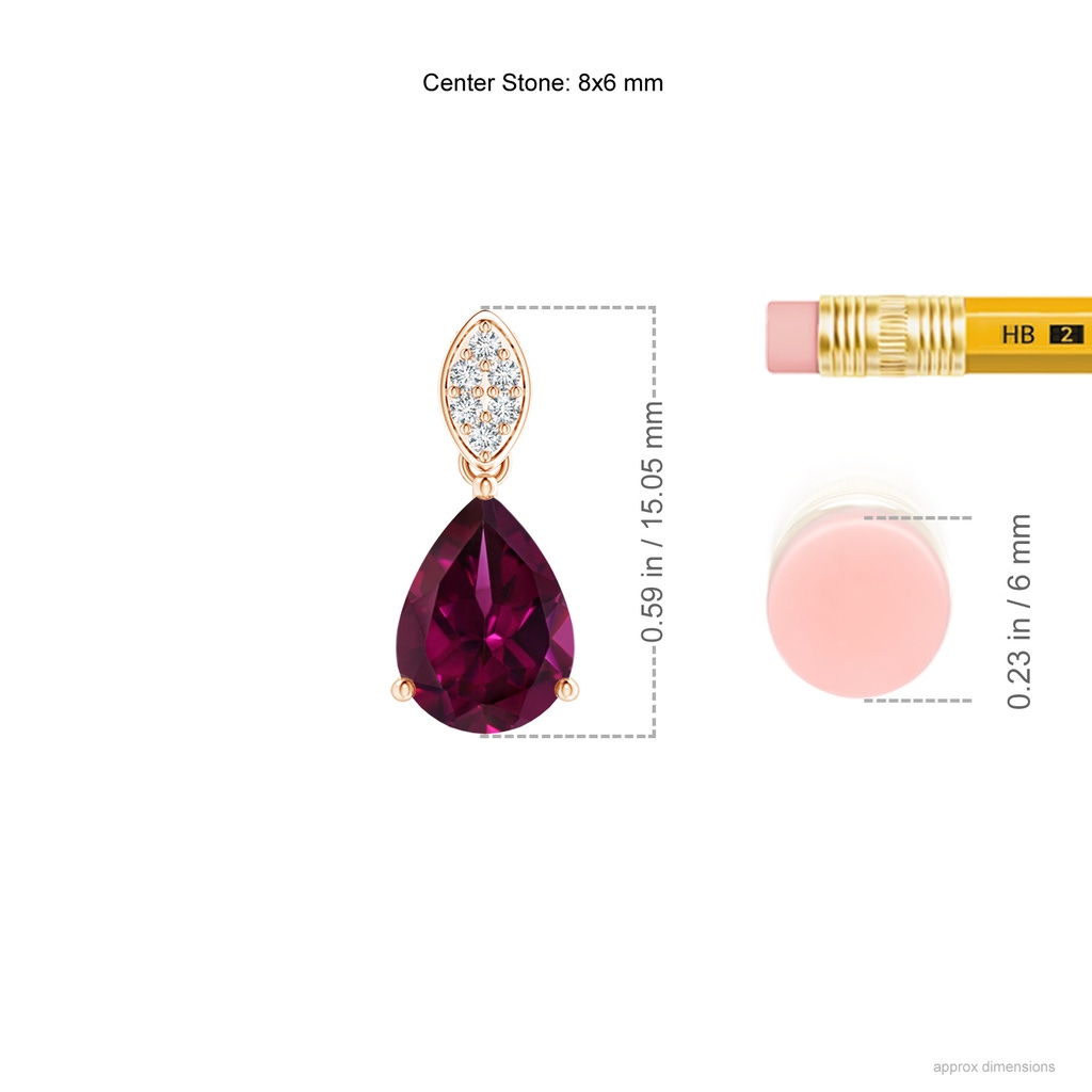 8x6mm AAAA Pear-Shaped Rhodolite Pendant with Leaf Bale in Rose Gold Ruler