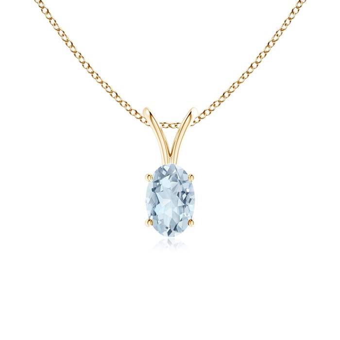 6x4mm A Prong-Set Oval Aquamarine V-Bale Solitaire Pendant in Yellow Gold 
