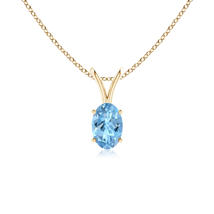 6x4mm AAAA Prong-Set Oval Aquamarine V-Bale Solitaire Pendant in Yellow Gold 
