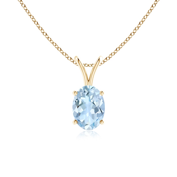 7x5mm AA Prong-Set Oval Aquamarine V-Bale Solitaire Pendant in Yellow Gold 