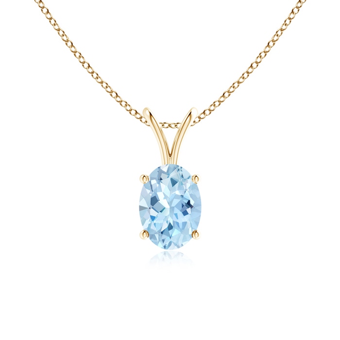 7x5mm AAA Prong-Set Oval Aquamarine V-Bale Solitaire Pendant in Yellow Gold 