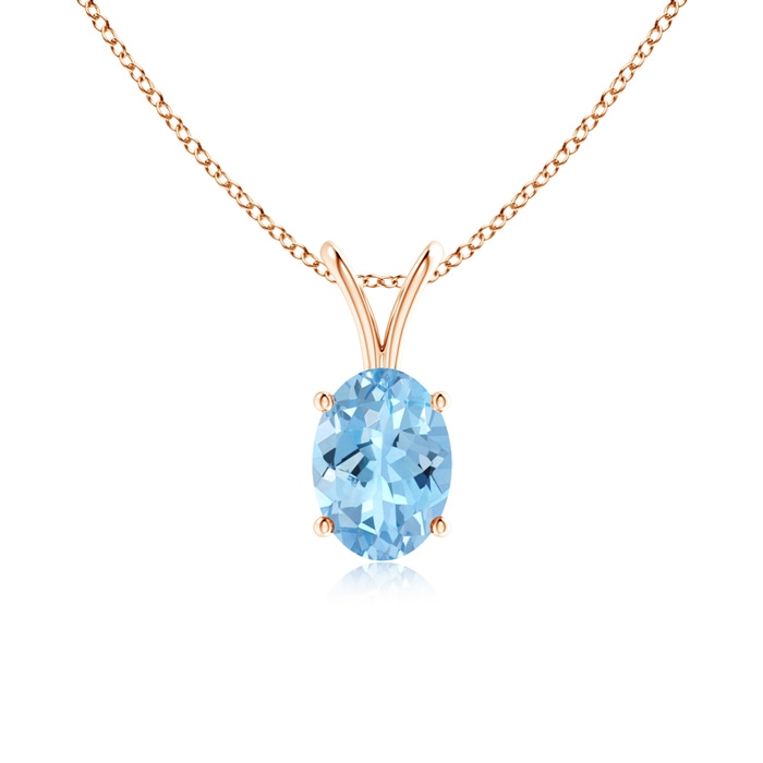 7x5mm AAAA Prong-Set Oval Aquamarine V-Bale Solitaire Pendant in Rose Gold 