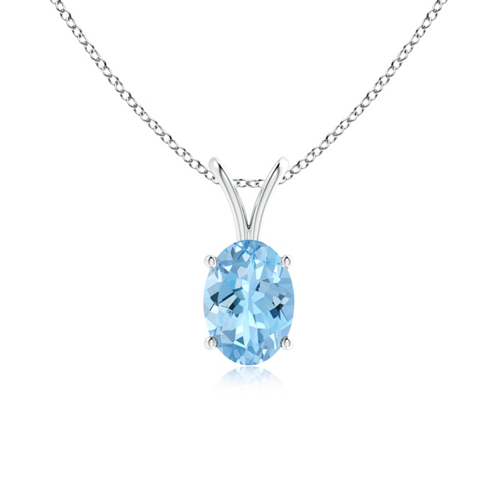 7x5mm AAAA Prong-Set Oval Aquamarine V-Bale Solitaire Pendant in White Gold 