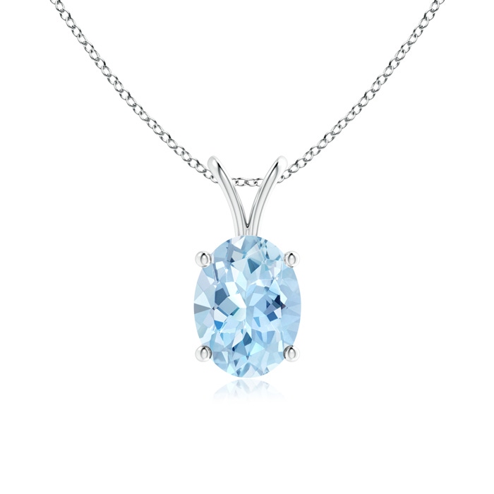 8x6mm AAA Prong-Set Oval Aquamarine V-Bale Solitaire Pendant in S999 Silver 