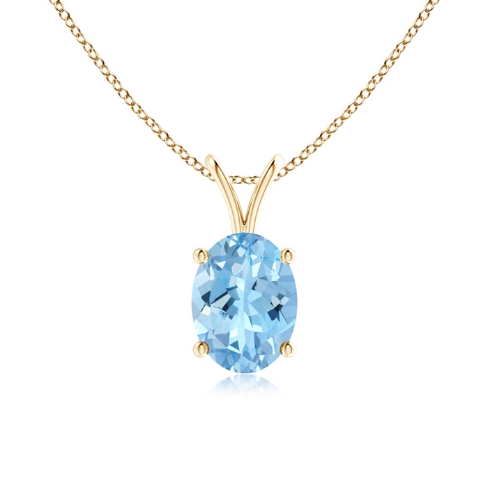 8x6mm AAAA Prong-Set Oval Aquamarine V-Bale Solitaire Pendant in Yellow Gold 