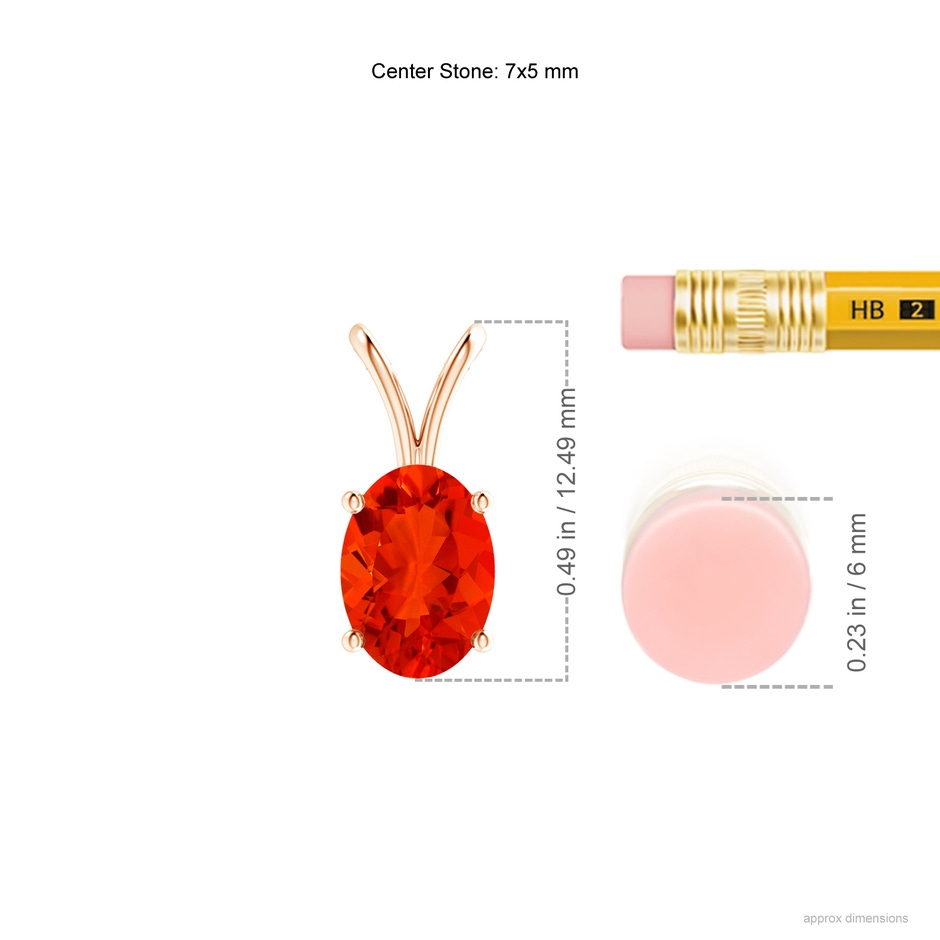 7x5mm AAAA Prong-Set Oval Fire Opal V-Bale Solitaire Pendant in Rose Gold ruler