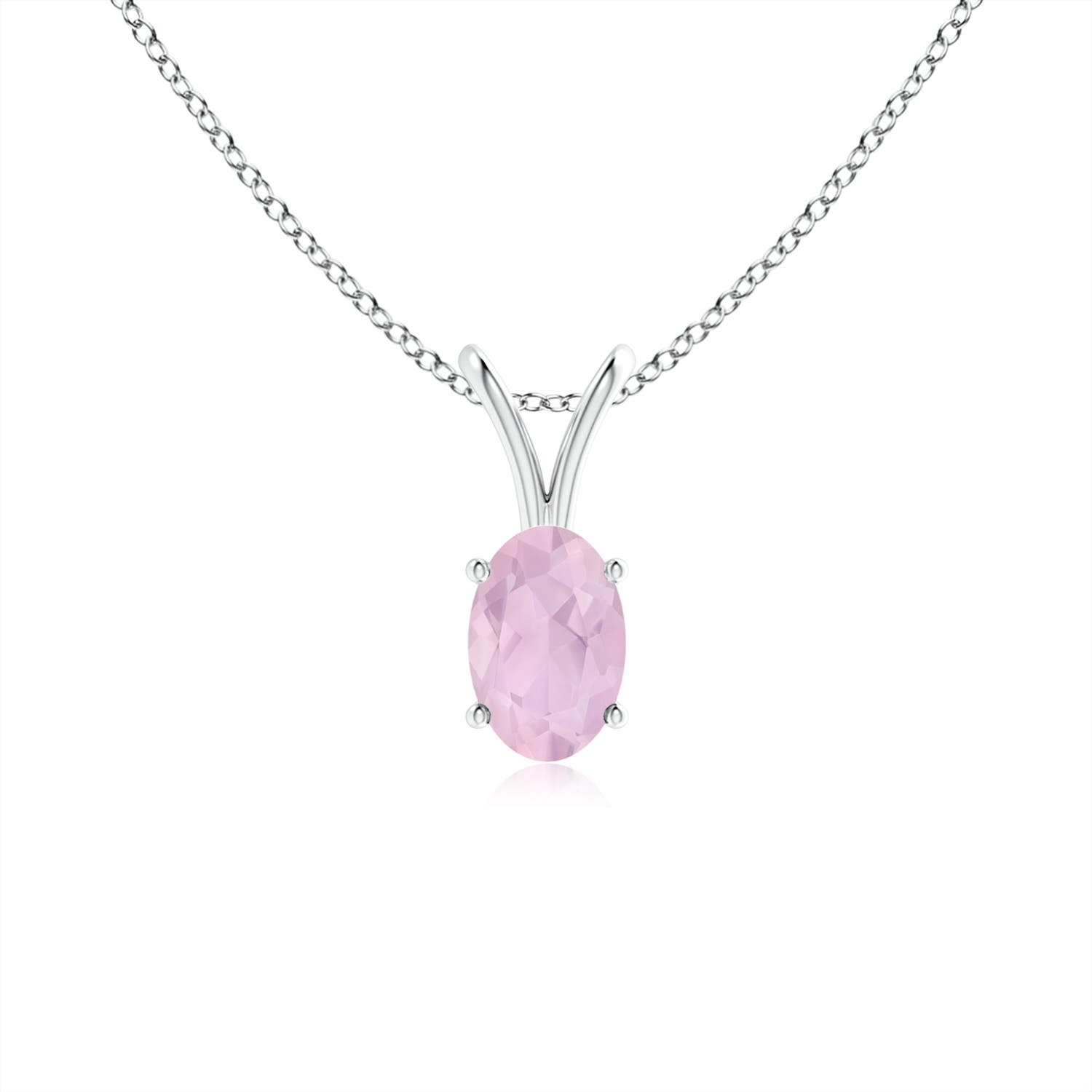 6x4mm AAA Prong-Set Oval Rose Quartz V-Bale Solitaire Pendant in White Gold