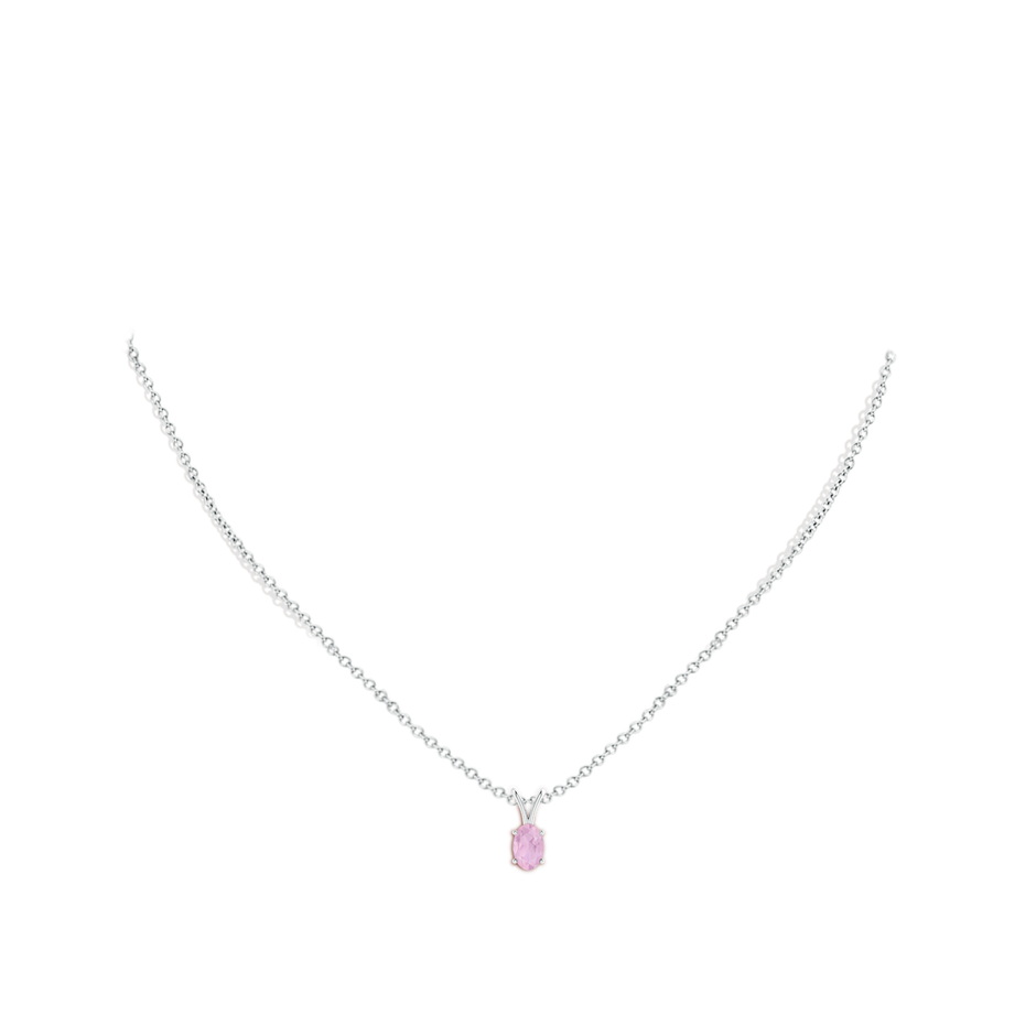6x4mm AAAA Prong-Set Oval Rose Quartz V-Bale Solitaire Pendant in White Gold body-neck