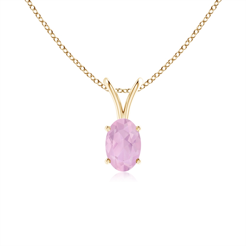 6x4mm AAAA Prong-Set Oval Rose Quartz V-Bale Solitaire Pendant in Yellow Gold