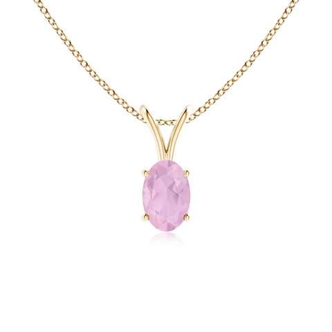 6x4mm AAAA Prong-Set Oval Rose Quartz V-Bale Solitaire Pendant in Yellow Gold