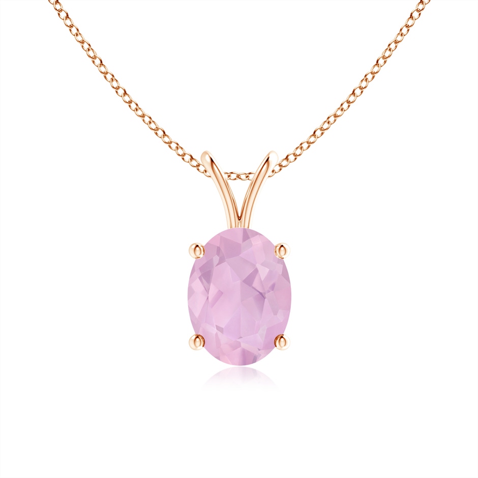 8x6mm AAAA Prong-Set Oval Rose Quartz V-Bale Solitaire Pendant in Rose Gold 