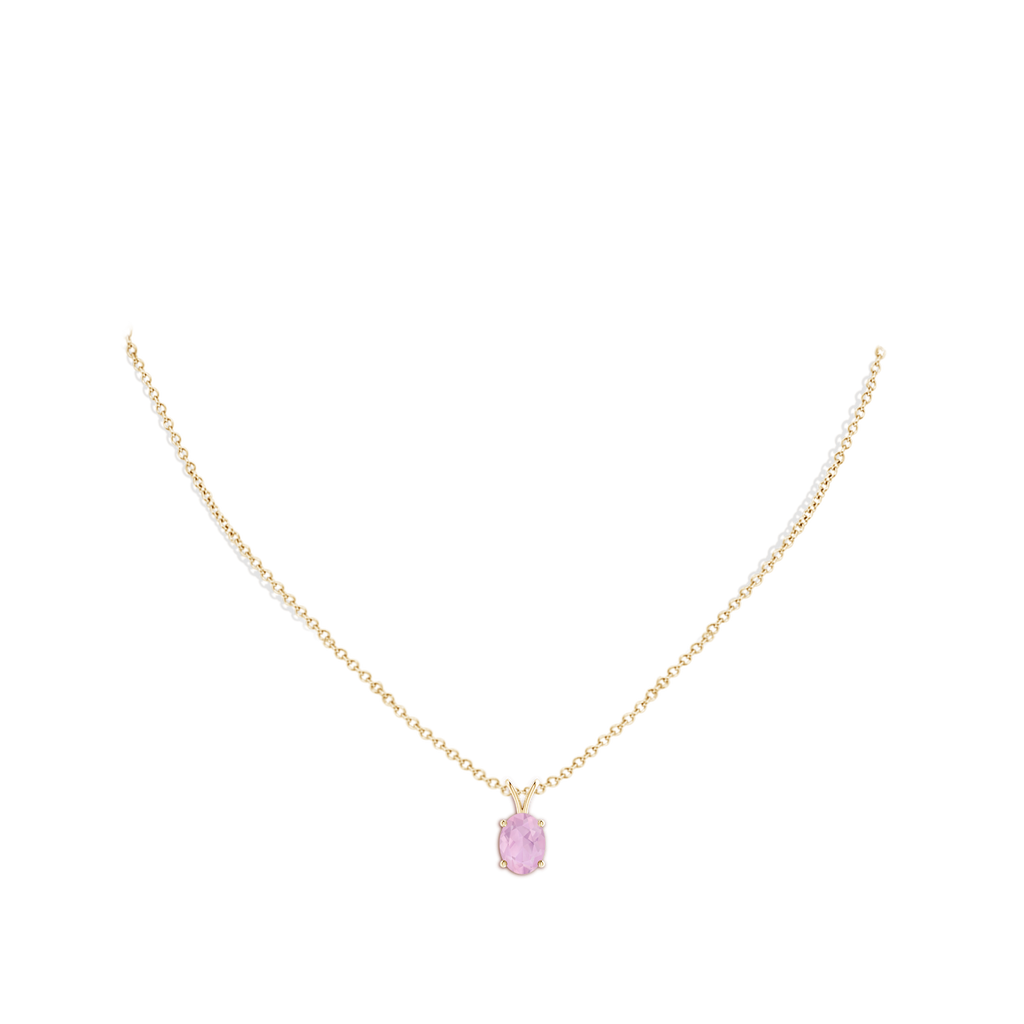 8x6mm AAAA Prong-Set Oval Rose Quartz V-Bale Solitaire Pendant in Yellow Gold Body-Neck