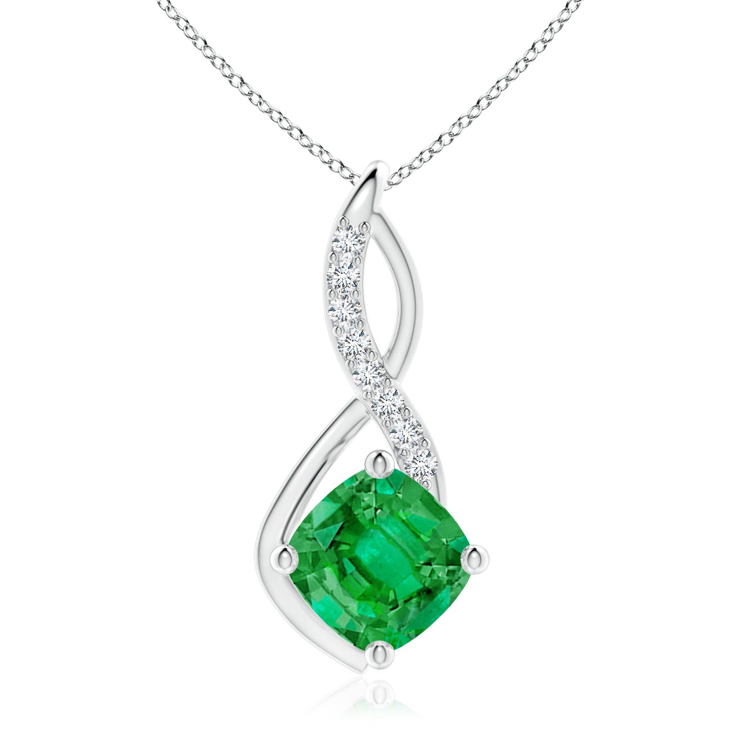 Angara 4.1 CTW Cushion Emerald Infinity Pendant with Diamond Accents in 14K White Gold