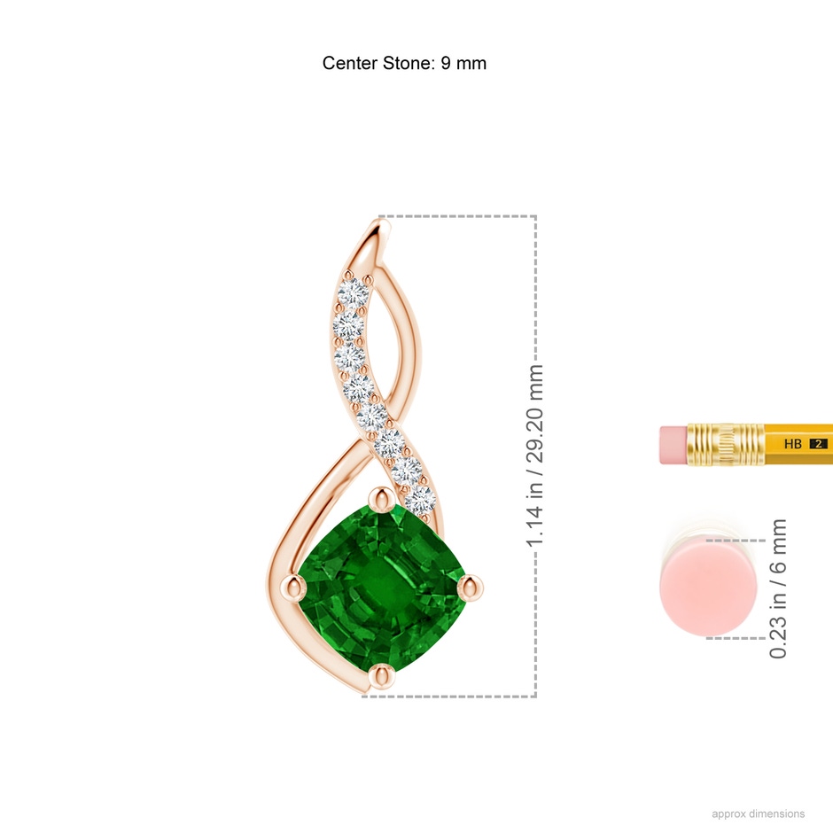 9mm AAAA Emerald Infinity Pendant with Diamond Accents in Rose Gold ruler