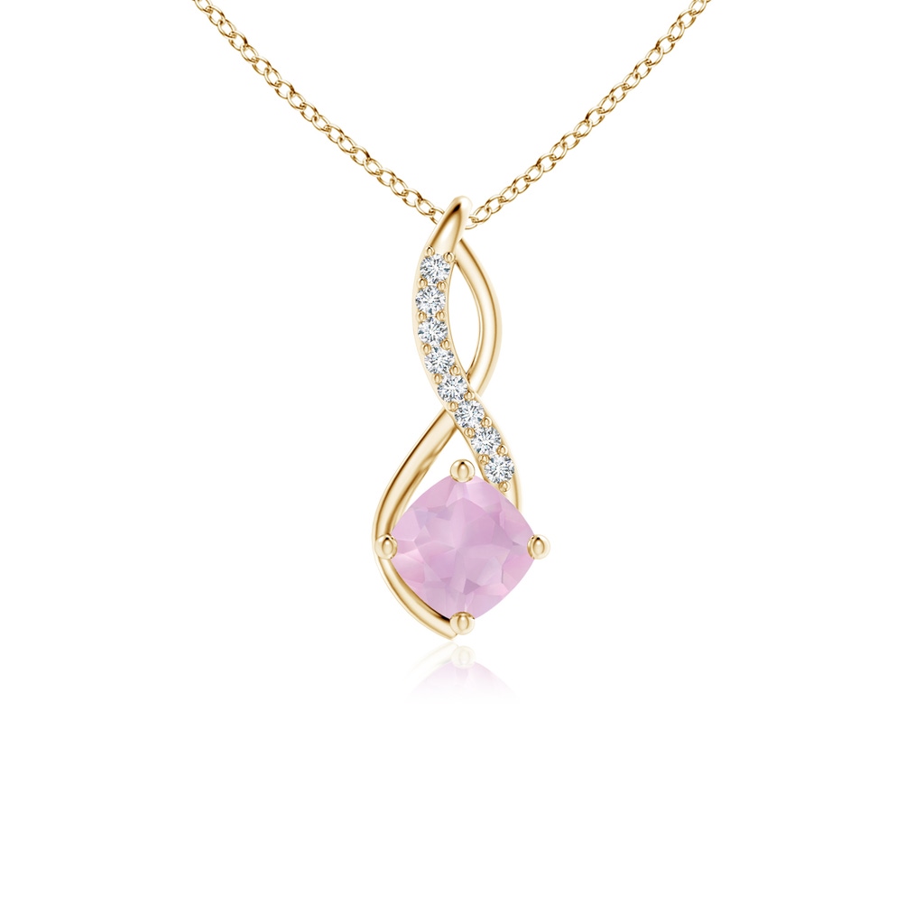 5mm AAAA Rose Quartz Infinity Pendant with Diamond Accents in Yellow Gold