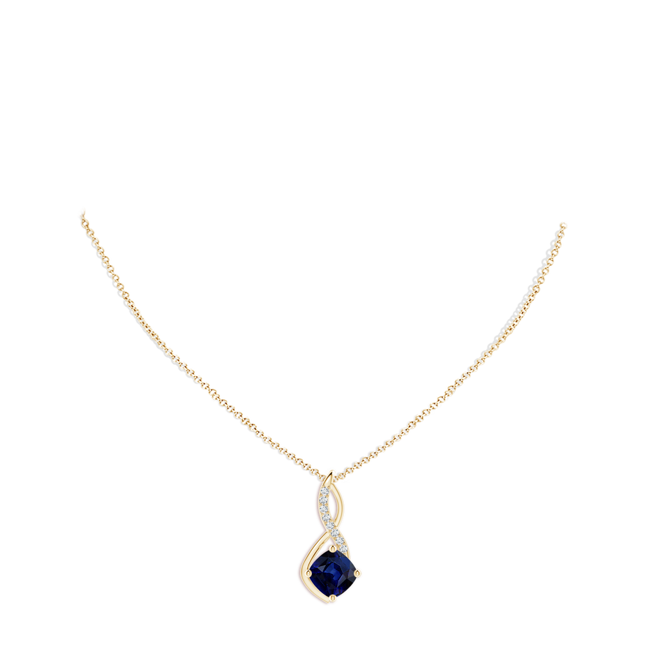 9mm AAA Blue Sapphire Infinity Pendant with Diamond Accents in Yellow Gold pen