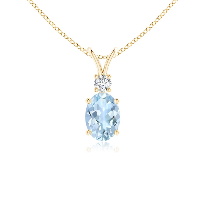 7x5mm AA V-Bale Oval Aquamarine Solitaire Pendant with Diamond in Yellow Gold 