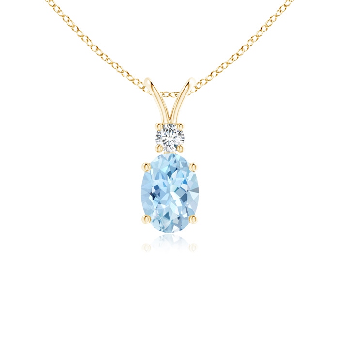 7x5mm AAA V-Bale Oval Aquamarine Solitaire Pendant with Diamond in Yellow Gold 