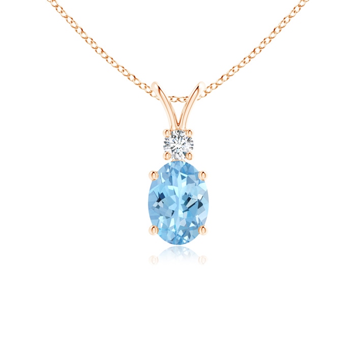 7x5mm AAAA V-Bale Oval Aquamarine Solitaire Pendant with Diamond in Rose Gold