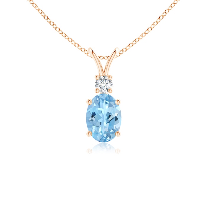 7x5mm AAAA V-Bale Oval Aquamarine Solitaire Pendant with Diamond in Rose Gold 