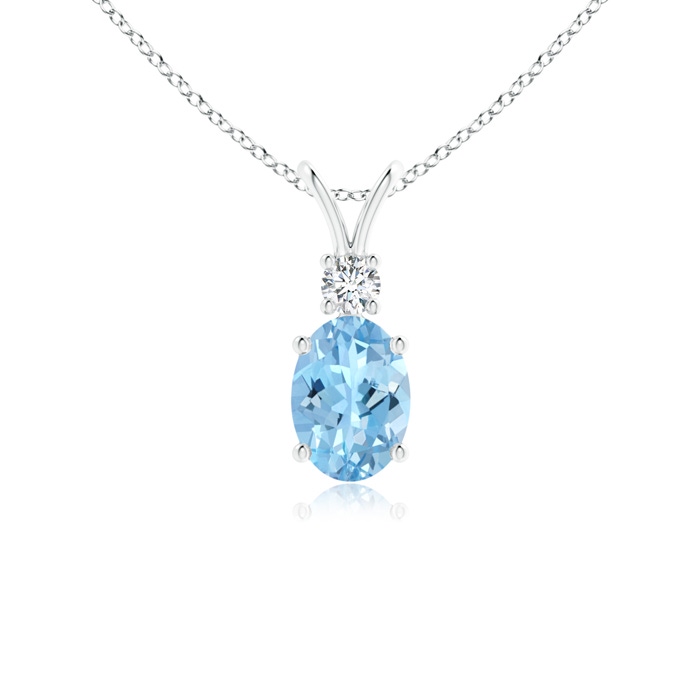 7x5mm AAAA V-Bale Oval Aquamarine Solitaire Pendant with Diamond in White Gold 