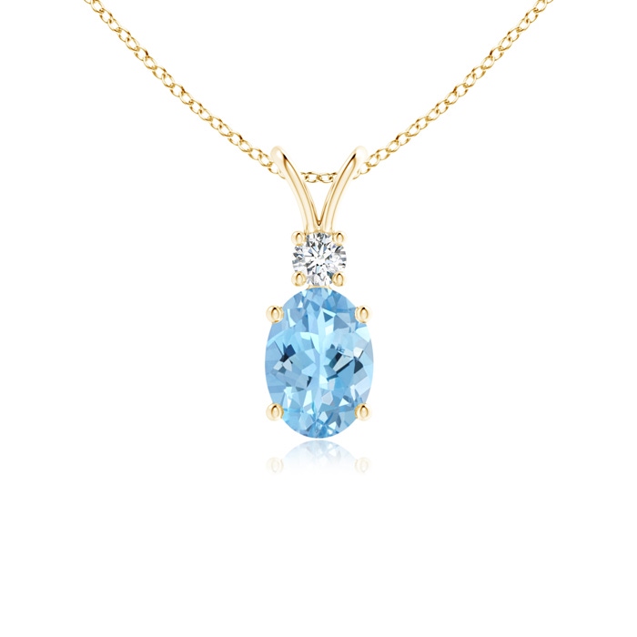 7x5mm AAAA V-Bale Oval Aquamarine Solitaire Pendant with Diamond in Yellow Gold 