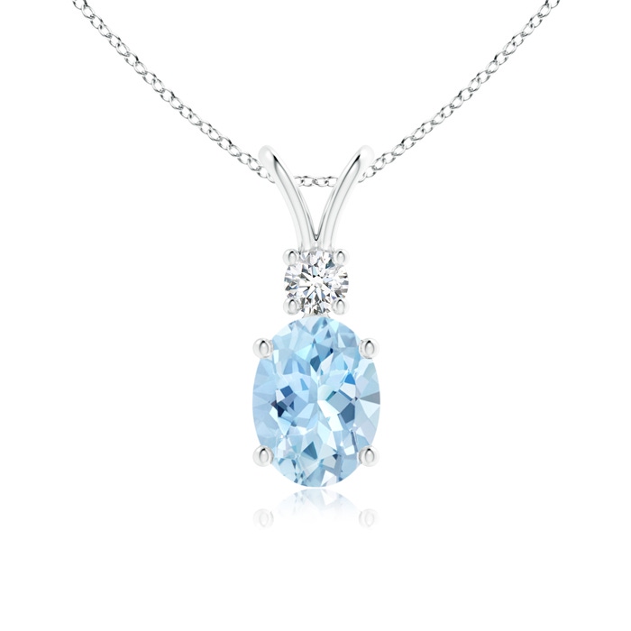 8x6mm AAA V-Bale Oval Aquamarine Solitaire Pendant with Diamond in 9K White Gold