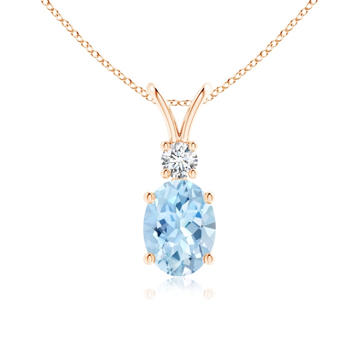 8x6mm AAA V-Bale Oval Aquamarine Solitaire Pendant with Diamond in Rose Gold 