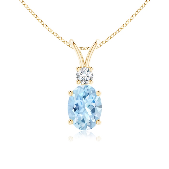 8x6mm AAA V-Bale Oval Aquamarine Solitaire Pendant with Diamond in Yellow Gold 