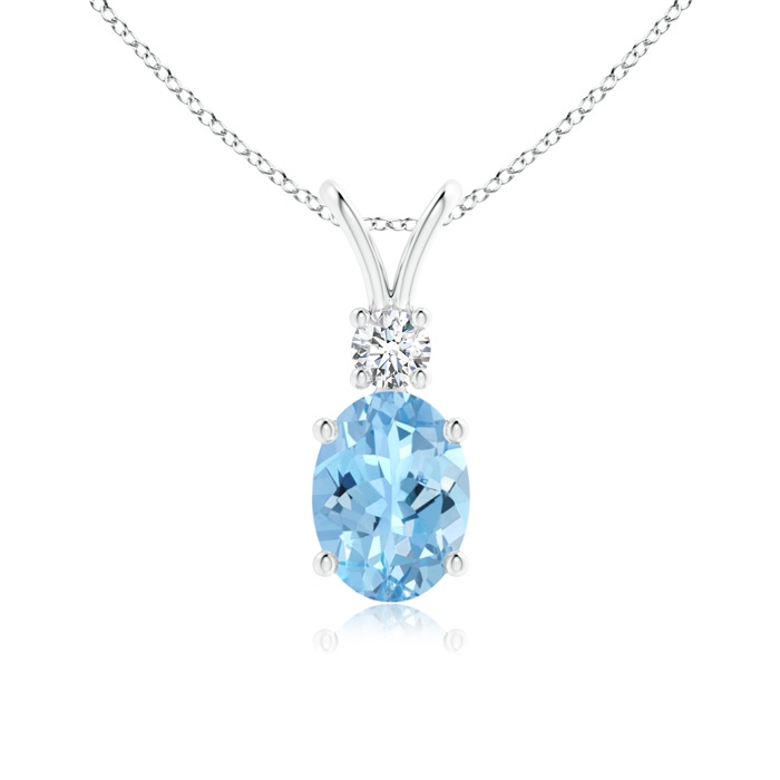 8x6mm AAAA V-Bale Oval Aquamarine Solitaire Pendant with Diamond in White Gold 