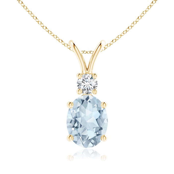 9x7mm A V-Bale Oval Aquamarine Solitaire Pendant with Diamond in Yellow Gold 