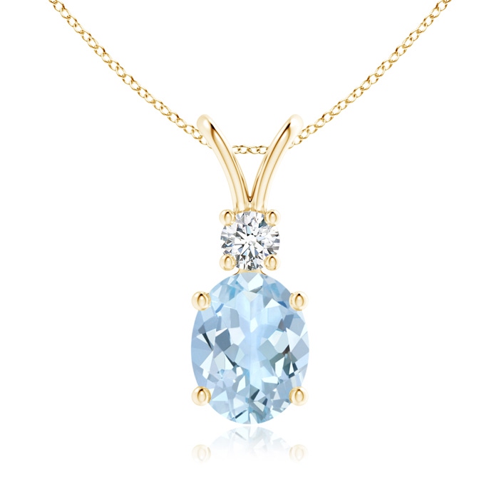 9x7mm AA V-Bale Oval Aquamarine Solitaire Pendant with Diamond in Yellow Gold 