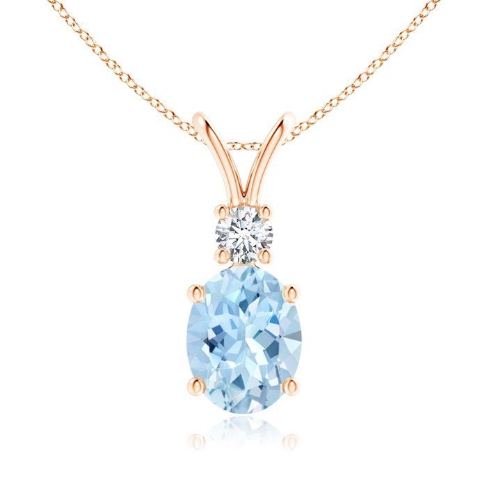 9x7mm AAA V-Bale Oval Aquamarine Solitaire Pendant with Diamond in Rose Gold 