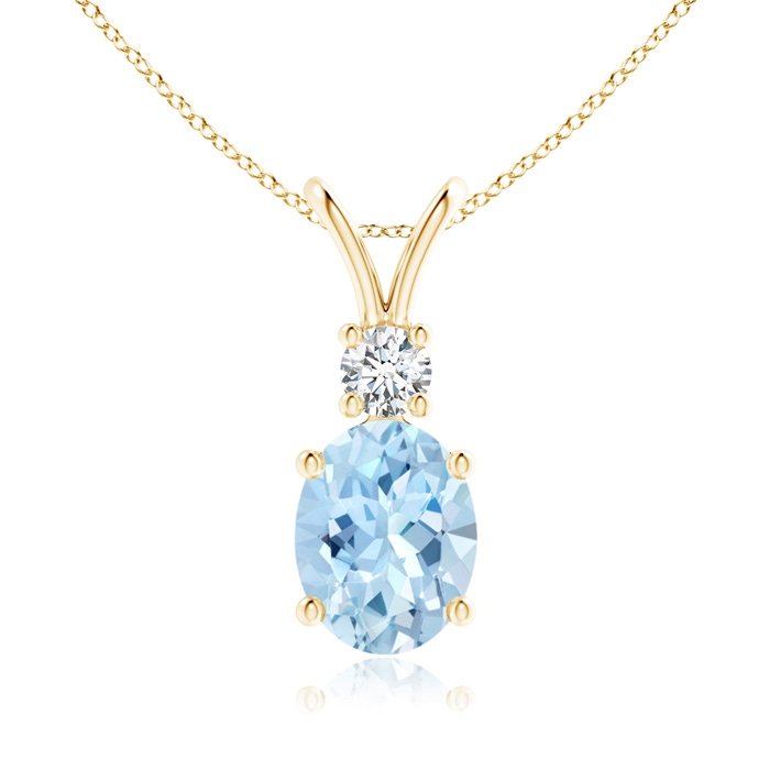 9x7mm AAA V-Bale Oval Aquamarine Solitaire Pendant with Diamond in Yellow Gold 