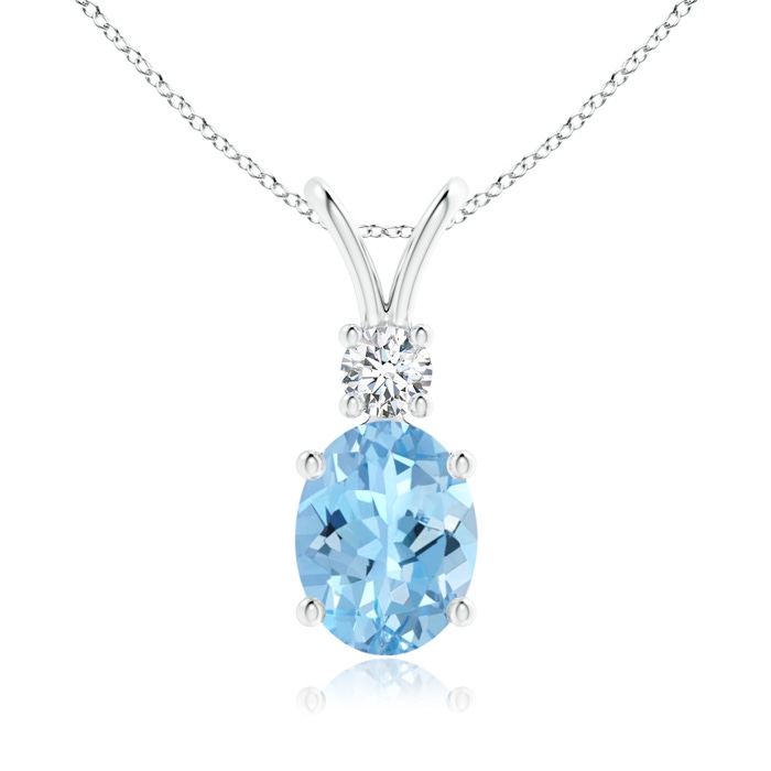 9x7mm AAAA V-Bale Oval Aquamarine Solitaire Pendant with Diamond in White Gold 