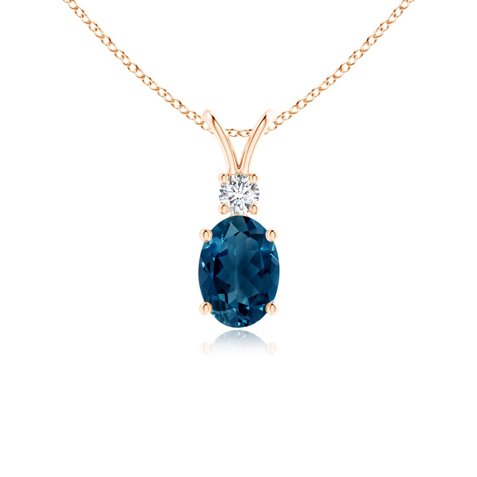 7x5mm AAAA V-Bale Oval London Blue Topaz Solitaire Pendant with Diamond in Rose Gold 