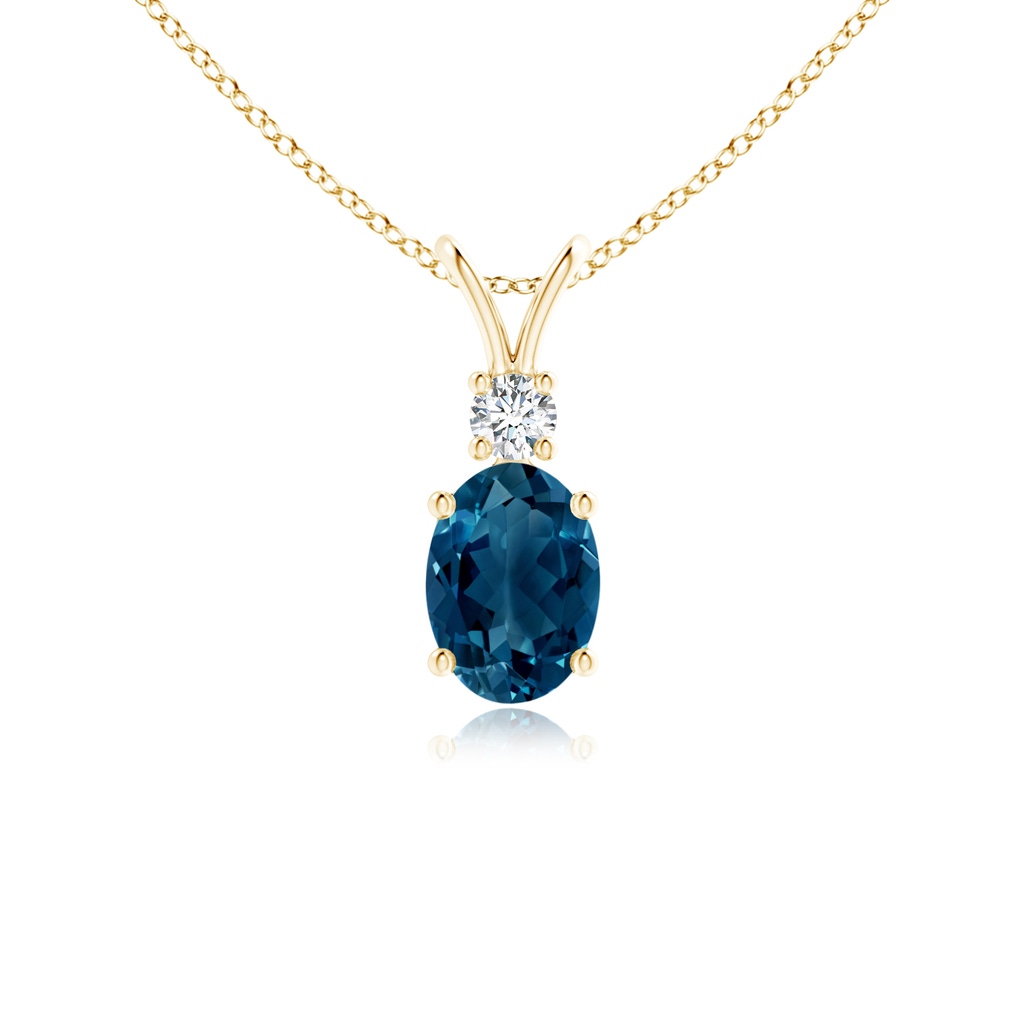 7x5mm AAAA V-Bale Oval London Blue Topaz Solitaire Pendant with Diamond in Yellow Gold