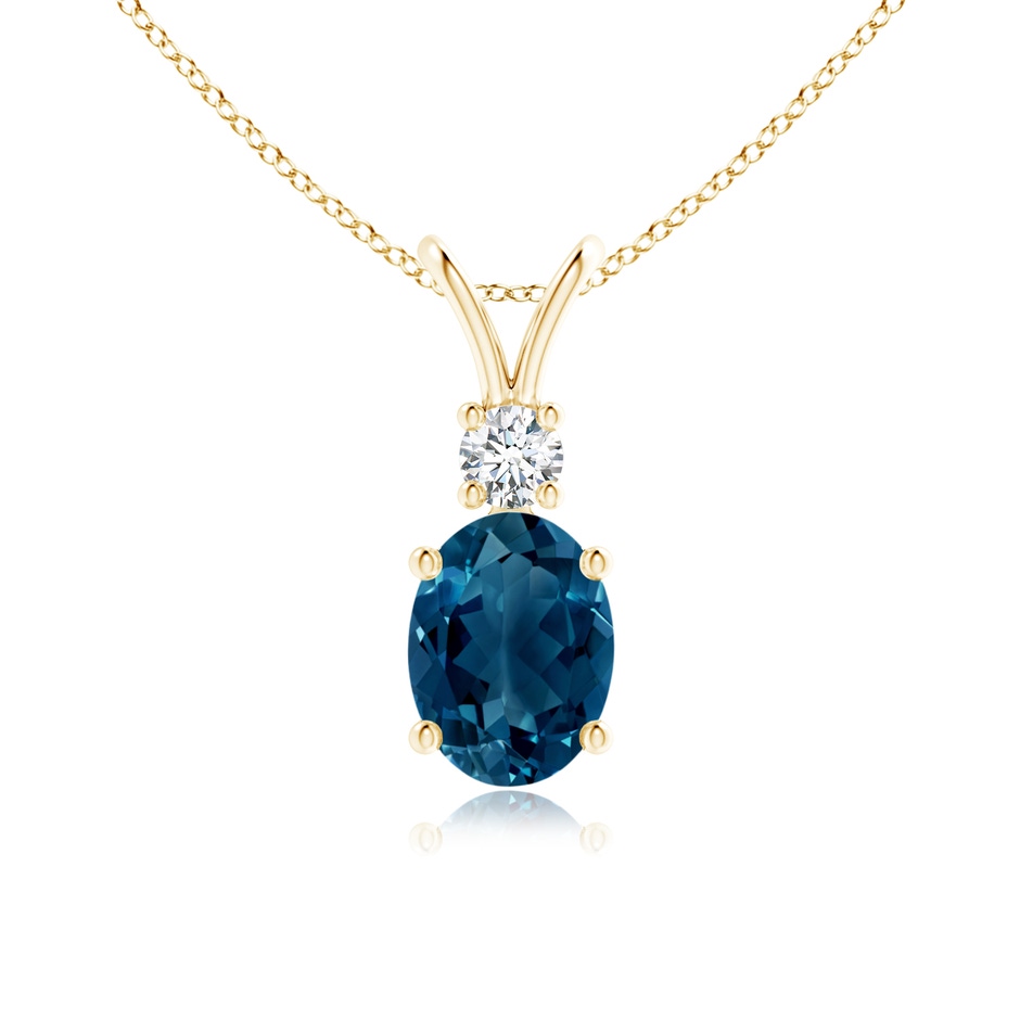 8x6mm AAAA V-Bale Oval London Blue Topaz Solitaire Pendant with Diamond in Yellow Gold 